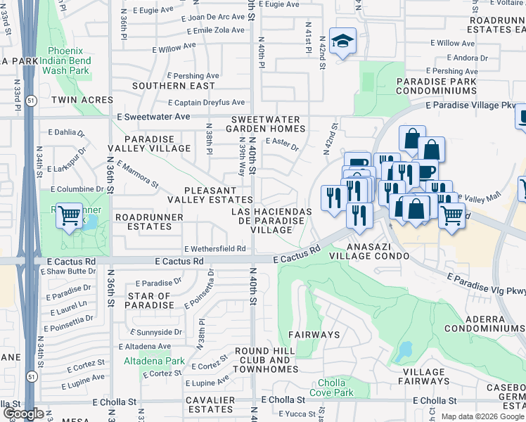 map of restaurants, bars, coffee shops, grocery stores, and more near 4034 East Bloomfield Road in Phoenix