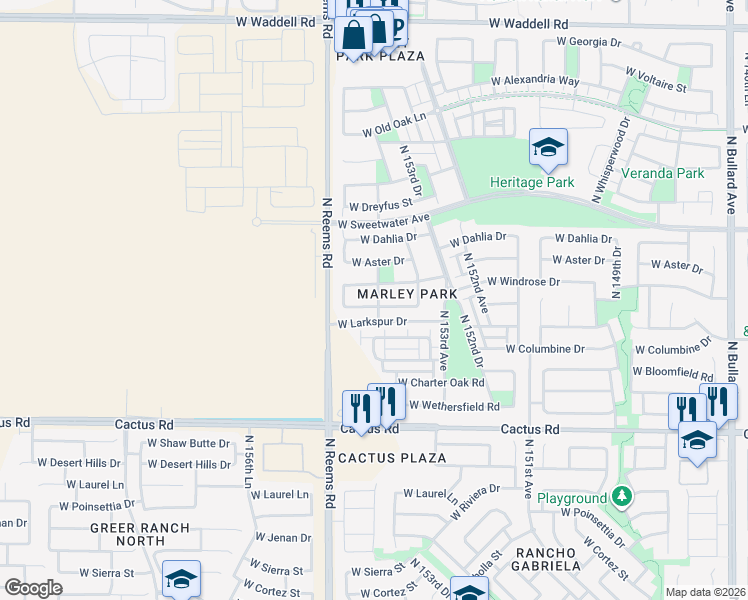 map of restaurants, bars, coffee shops, grocery stores, and more near 15408 West Corrine Drive in Surprise