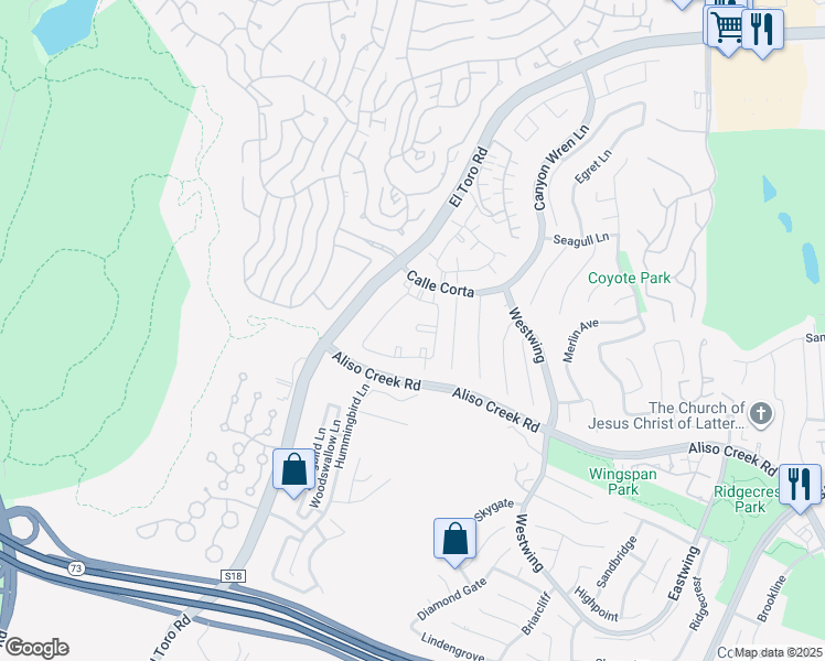 map of restaurants, bars, coffee shops, grocery stores, and more near 65 Whippoorwill Lane in Aliso Viejo