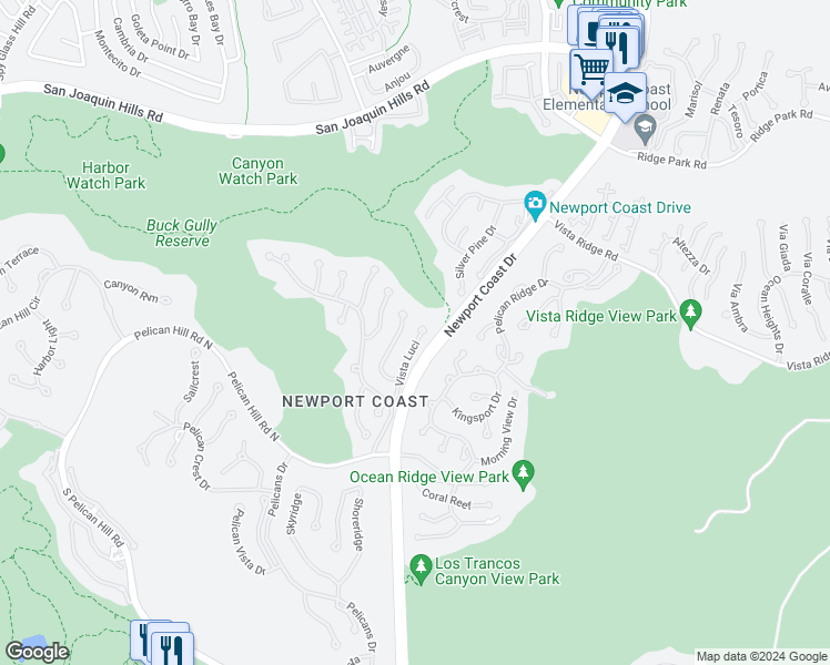 map of restaurants, bars, coffee shops, grocery stores, and more near 7 Vista Luci in Newport Beach