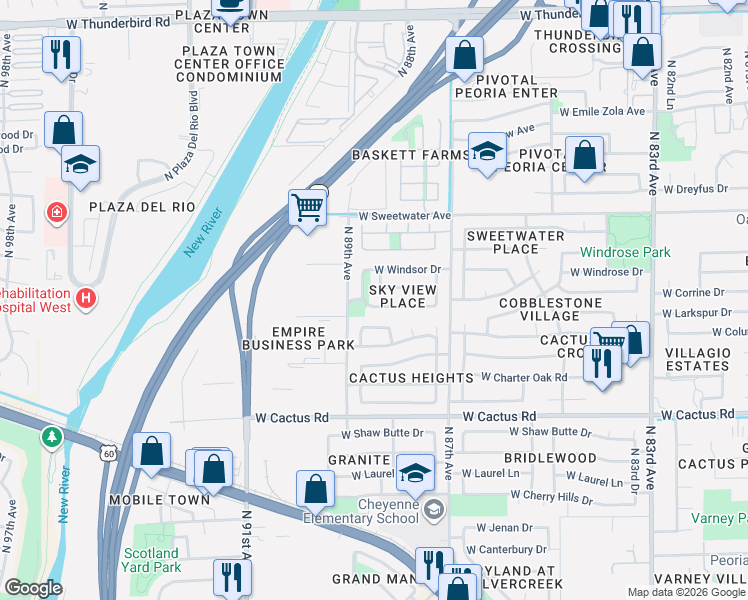map of restaurants, bars, coffee shops, grocery stores, and more near 8801 West Desert Trail in Peoria