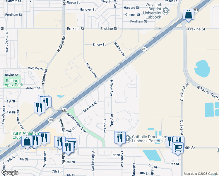 map of restaurants, bars, coffee shops, grocery stores, and more near 144 North Utica Avenue in Lubbock