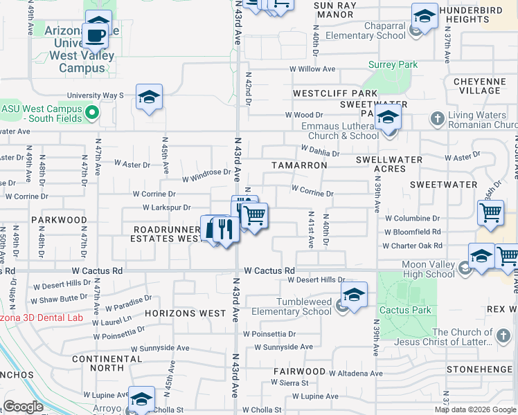 map of restaurants, bars, coffee shops, grocery stores, and more near 12601 North 42nd Drive in Phoenix