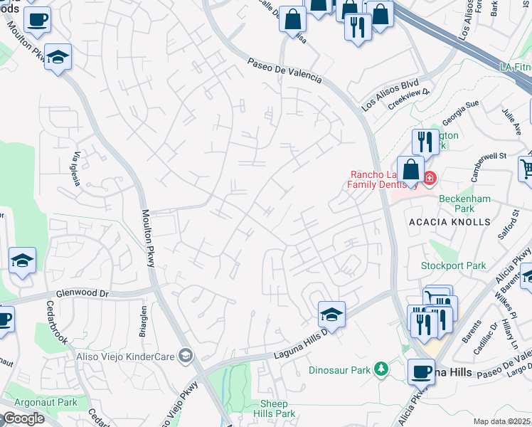 map of restaurants, bars, coffee shops, grocery stores, and more near 587 Avenida Majorca in Laguna Woods