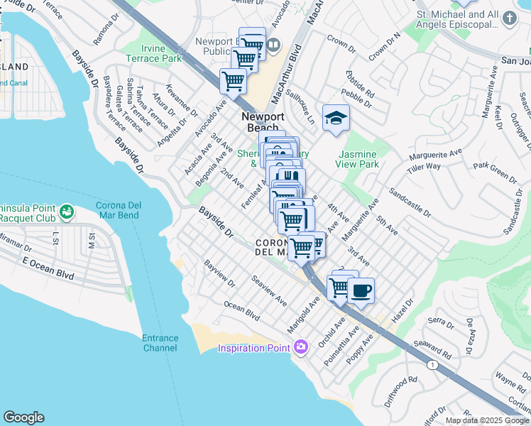 map of restaurants, bars, coffee shops, grocery stores, and more near 512 Goldenrod Avenue in Newport Beach