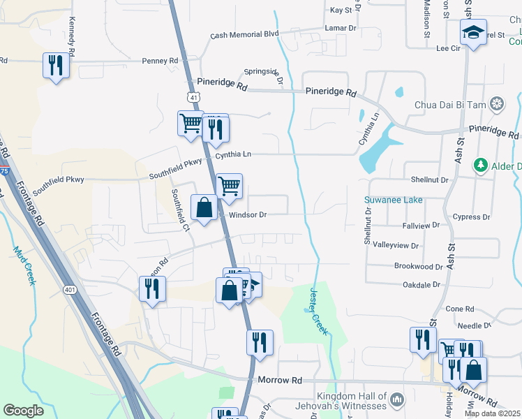 map of restaurants, bars, coffee shops, grocery stores, and more near 413 Canterbury Circle in Forest Park