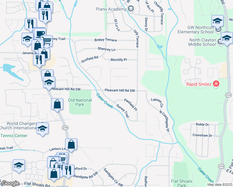 map of restaurants, bars, coffee shops, grocery stores, and more near 2225 Pleasant Hill Road Southwest in Atlanta