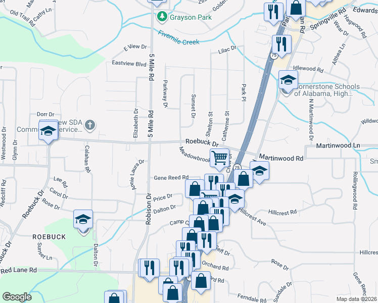 map of restaurants, bars, coffee shops, grocery stores, and more near 431 Roebuck Drive in Birmingham