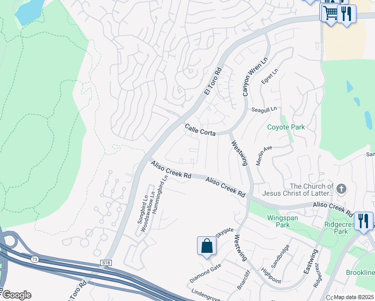 map of restaurants, bars, coffee shops, grocery stores, and more near 65 Whippoorwill Lane in Aliso Viejo