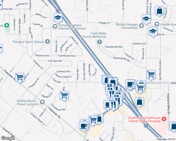 map of restaurants, bars, coffee shops, grocery stores, and more near 35865 Nonnie Drive in Wildomar