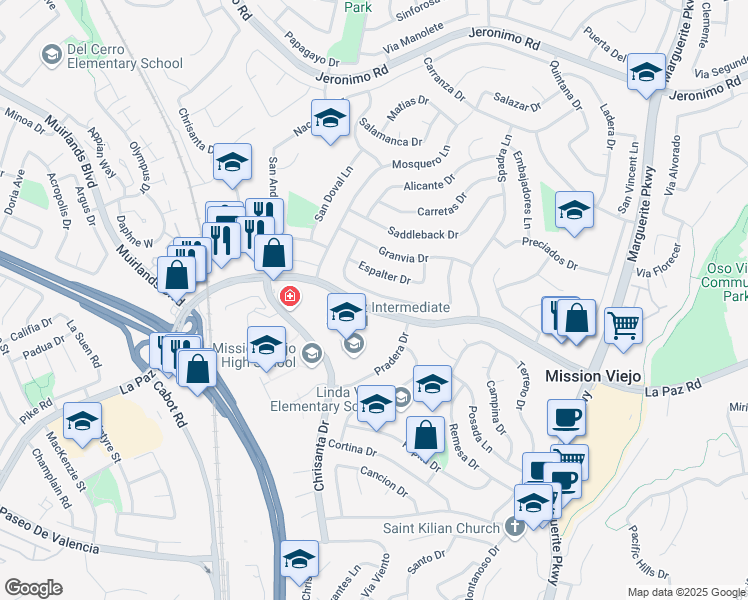 map of restaurants, bars, coffee shops, grocery stores, and more near 26516 Aracena Drive in Mission Viejo