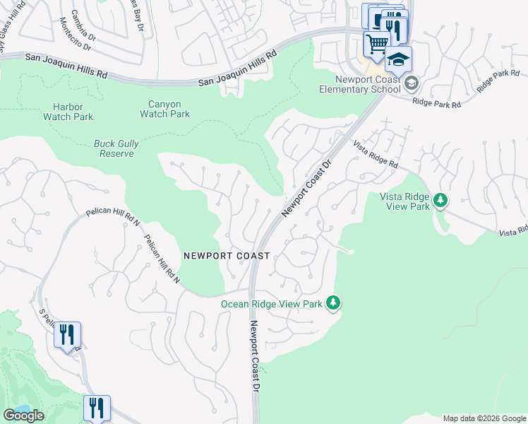 map of restaurants, bars, coffee shops, grocery stores, and more near 1 Vista Luci in Newport Beach
