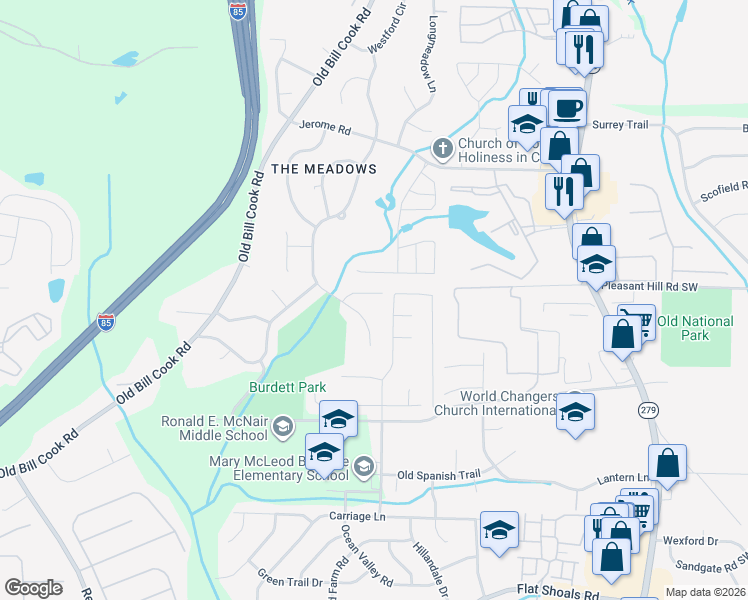 map of restaurants, bars, coffee shops, grocery stores, and more near 2796 East Hampton Court in Atlanta