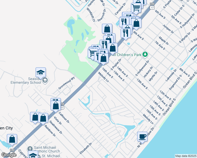 map of restaurants, bars, coffee shops, grocery stores, and more near 549 Oceanside Drive in Myrtle Beach