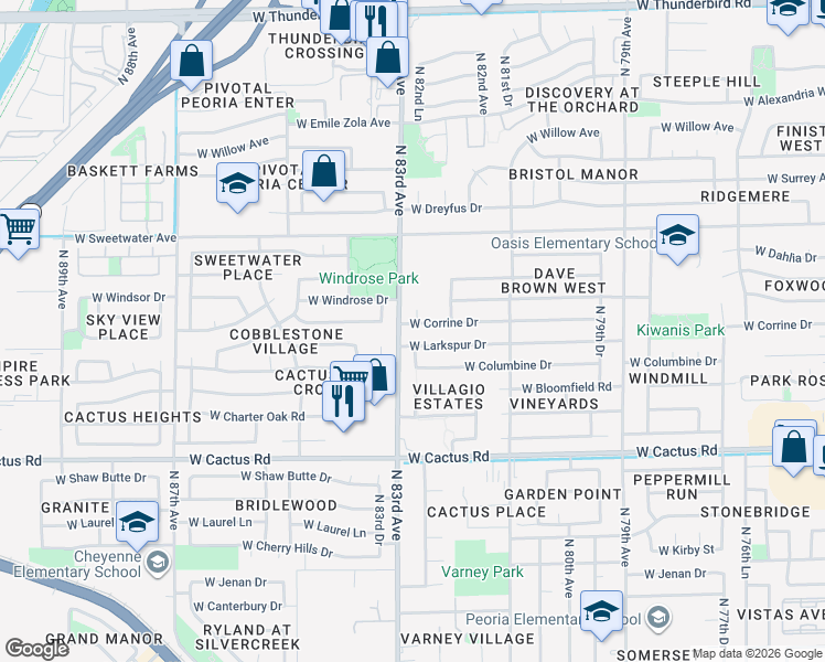 map of restaurants, bars, coffee shops, grocery stores, and more near 8237 West Corrine Drive in Peoria
