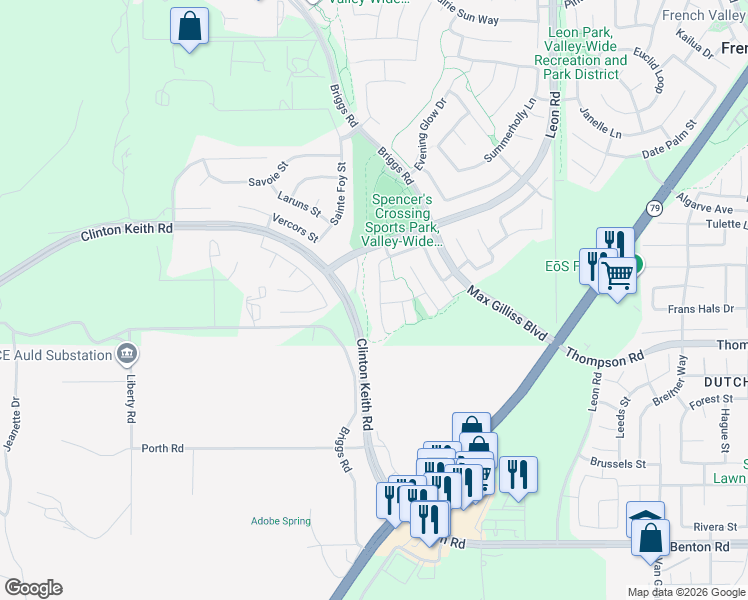 map of restaurants, bars, coffee shops, grocery stores, and more near 30587 Red Fox Court in Murrieta