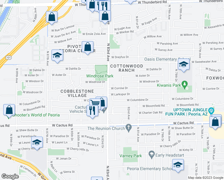 map of restaurants, bars, coffee shops, grocery stores, and more near 8237 West Corrine Drive in Peoria