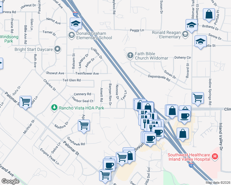 map of restaurants, bars, coffee shops, grocery stores, and more near 35865 Nonnie Drive in Wildomar