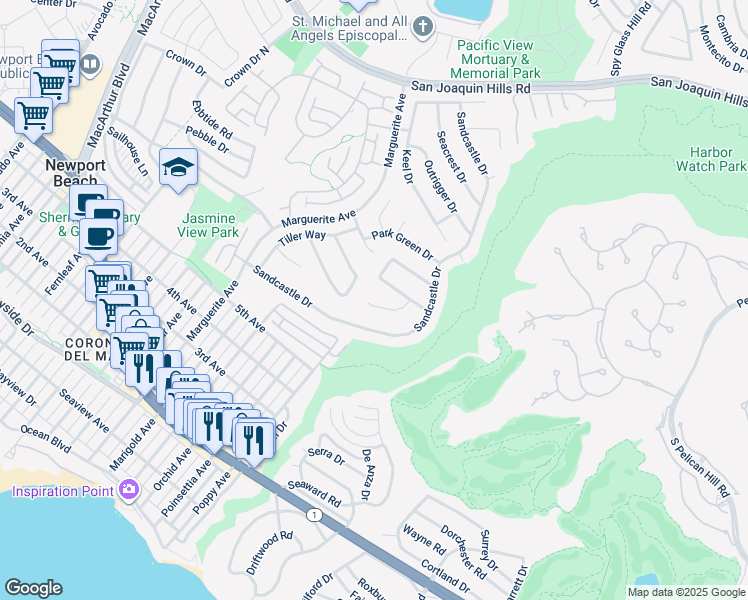 map of restaurants, bars, coffee shops, grocery stores, and more near 3808 Sandune Lane in Newport Beach