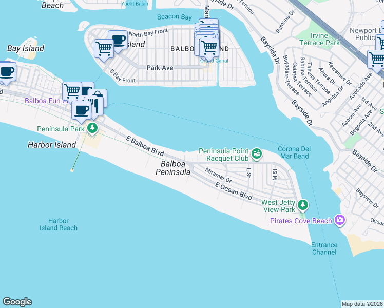 map of restaurants, bars, coffee shops, grocery stores, and more near 1411 East Bay Avenue in Newport Beach