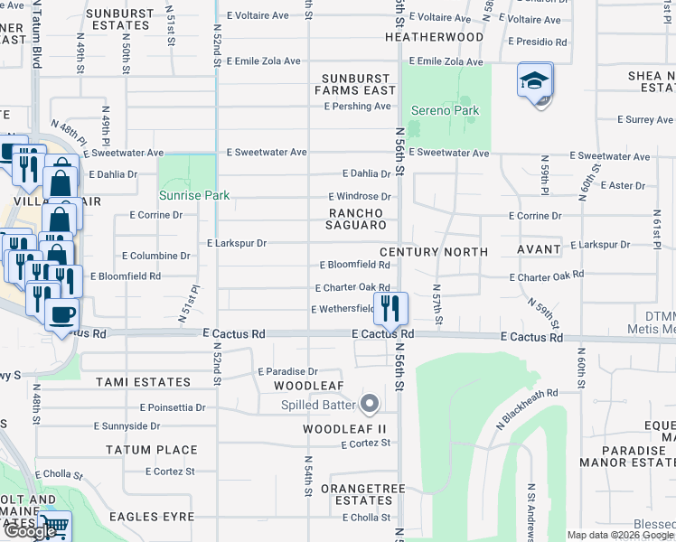 map of restaurants, bars, coffee shops, grocery stores, and more near 5440 East Bloomfield Road in Scottsdale