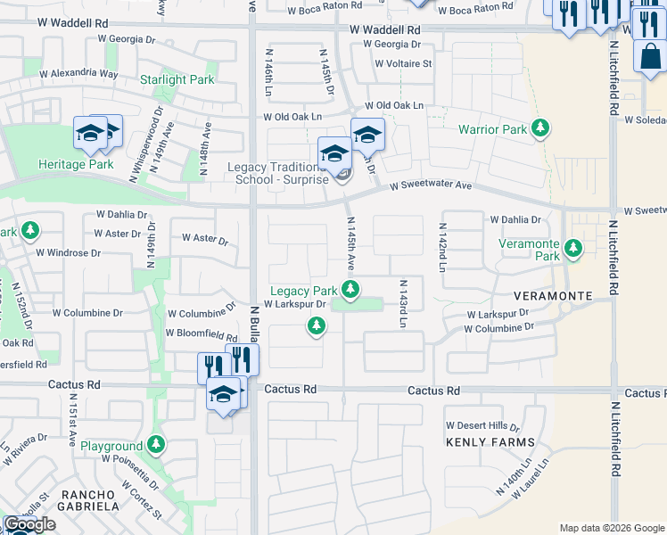 map of restaurants, bars, coffee shops, grocery stores, and more near 12785 North 145th Avenue in Surprise