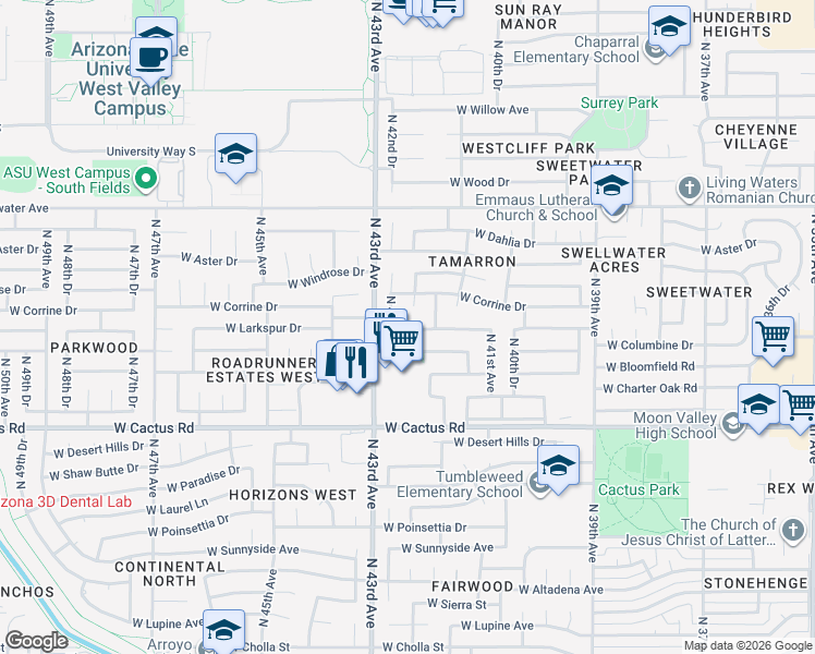 map of restaurants, bars, coffee shops, grocery stores, and more near 12601 North 42nd Drive in Phoenix
