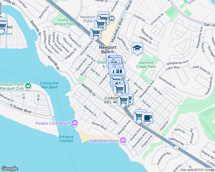 map of restaurants, bars, coffee shops, grocery stores, and more near Goldenrod Avenue in Newport Beach