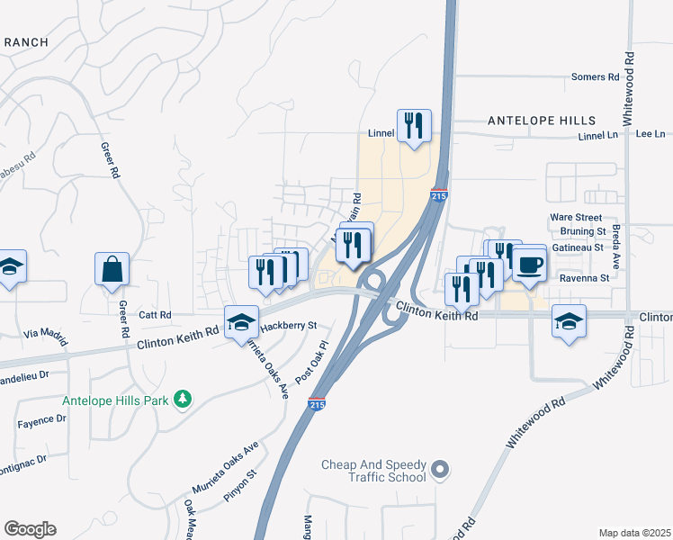 map of restaurants, bars, coffee shops, grocery stores, and more near 27714 Clinton Keith Rd in Murrieta