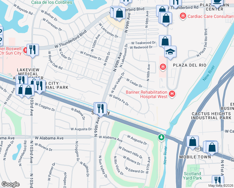 map of restaurants, bars, coffee shops, grocery stores, and more near 9858 West Silver Bell Drive in Sun City