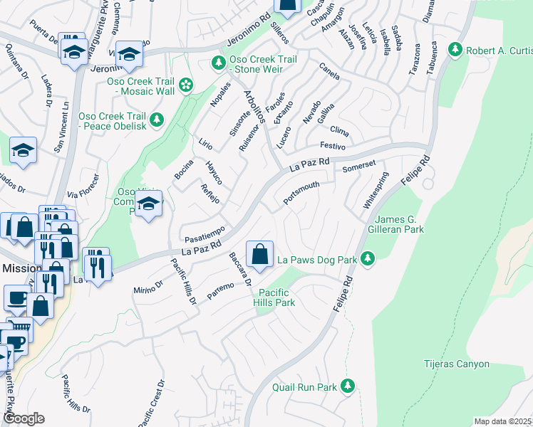 map of restaurants, bars, coffee shops, grocery stores, and more near 5 Cantata Drive in Mission Viejo