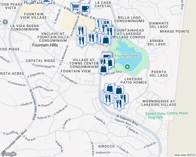 map of restaurants, bars, coffee shops, grocery stores, and more near 12438 North Saguaro Boulevard in Fountain Hills