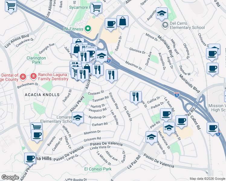 map of restaurants, bars, coffee shops, grocery stores, and more near 25301 Costeau Street in Laguna Hills