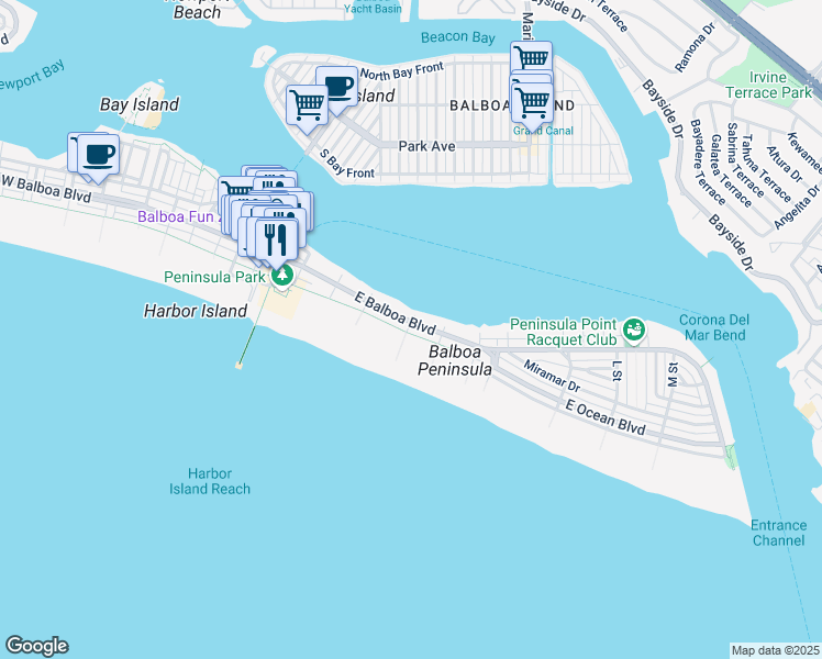 map of restaurants, bars, coffee shops, grocery stores, and more near 1206 East Balboa Boulevard in Newport Beach