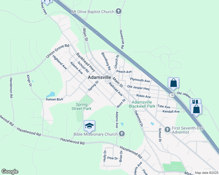 map of restaurants, bars, coffee shops, grocery stores, and more near 4901 Railroad Avenue in Adamsville