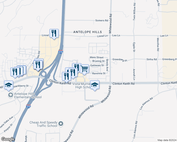 map of restaurants, bars, coffee shops, grocery stores, and more near 35857 Gatineau Street in Murrieta