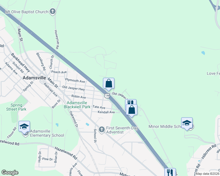 map of restaurants, bars, coffee shops, grocery stores, and more near 4225 Harden Street in Adamsville