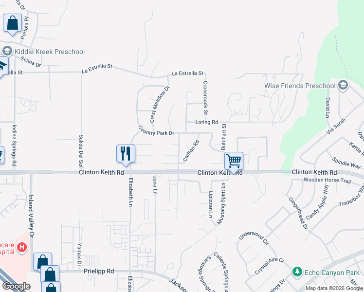 map of restaurants, bars, coffee shops, grocery stores, and more near 25023 Cinnabar Court in Wildomar