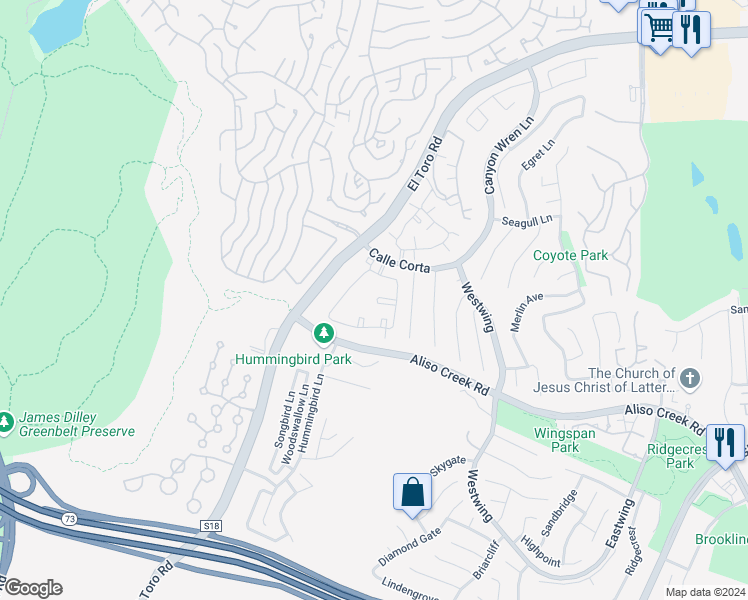 map of restaurants, bars, coffee shops, grocery stores, and more near 69 Whippoorwill Lane in Aliso Viejo