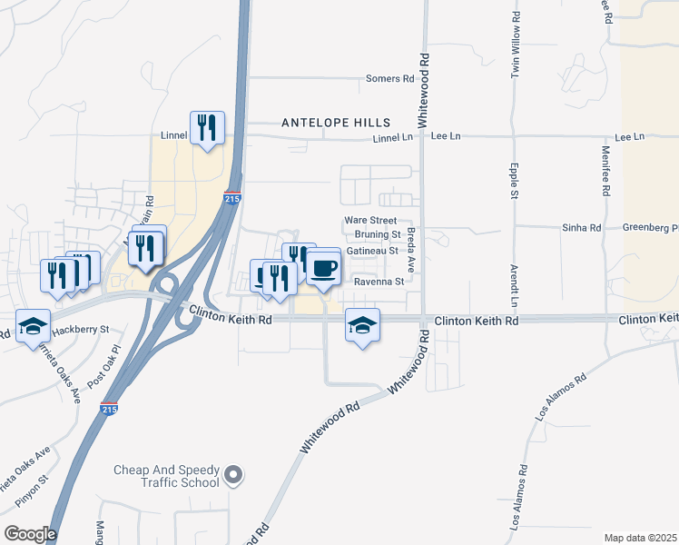 map of restaurants, bars, coffee shops, grocery stores, and more near 35857 Gatineau Street in Murrieta