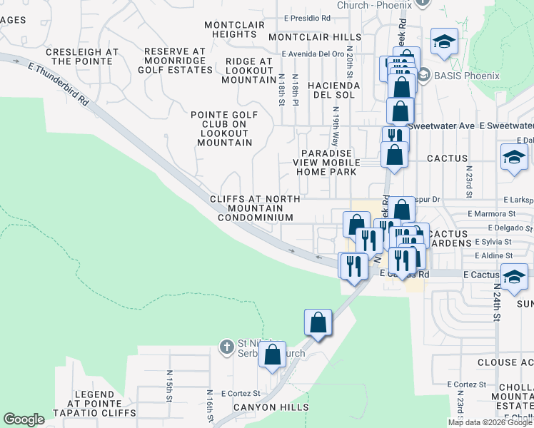 map of restaurants, bars, coffee shops, grocery stores, and more near 1720 East Thunderbird Road in Phoenix