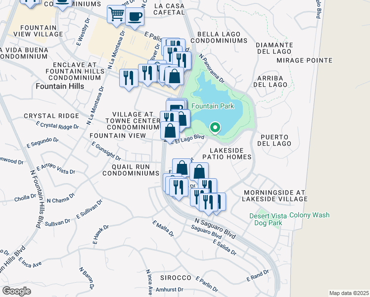 map of restaurants, bars, coffee shops, grocery stores, and more near 16945 East El Lago Boulevard in Fountain Hills
