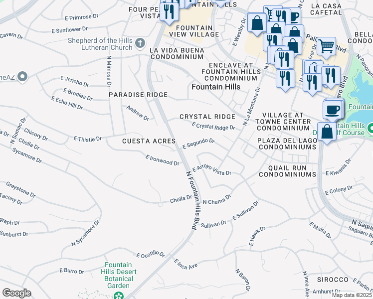map of restaurants, bars, coffee shops, grocery stores, and more near 16333 East Segundo Drive in Fountain Hills