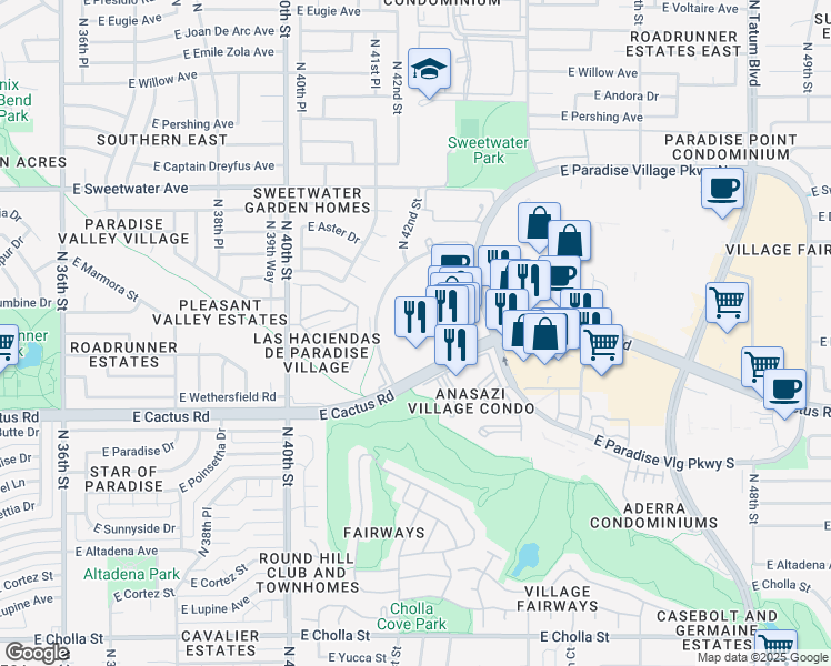map of restaurants, bars, coffee shops, grocery stores, and more near 4202 East Cactus Road in Phoenix