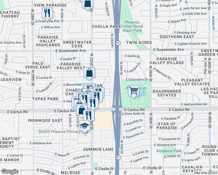 map of restaurants, bars, coffee shops, grocery stores, and more near 3309 East Columbine Drive in Phoenix