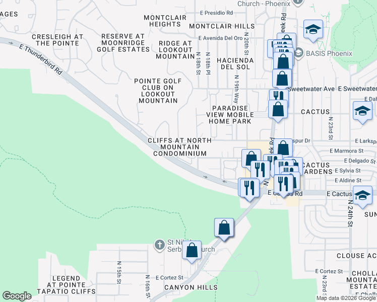 map of restaurants, bars, coffee shops, grocery stores, and more near 1720 East Thunderbird Road in Phoenix