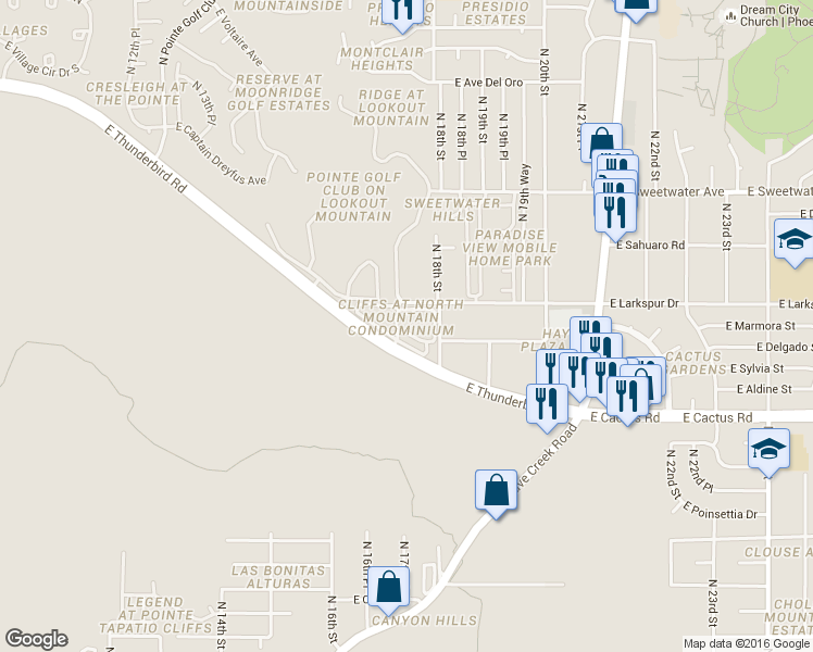 map of restaurants, bars, coffee shops, grocery stores, and more near 1720 East Thunderbird Road in Phoenix