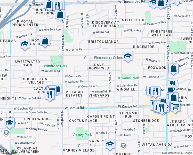map of restaurants, bars, coffee shops, grocery stores, and more near 8008 West Corrine Drive in Peoria