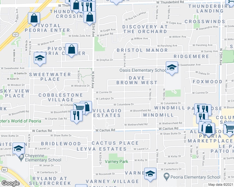 map of restaurants, bars, coffee shops, grocery stores, and more near 8122 West Corrine Drive in Peoria