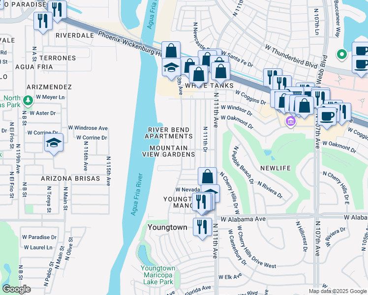 map of restaurants, bars, coffee shops, grocery stores, and more near 12642 North 113th Avenue in Youngtown